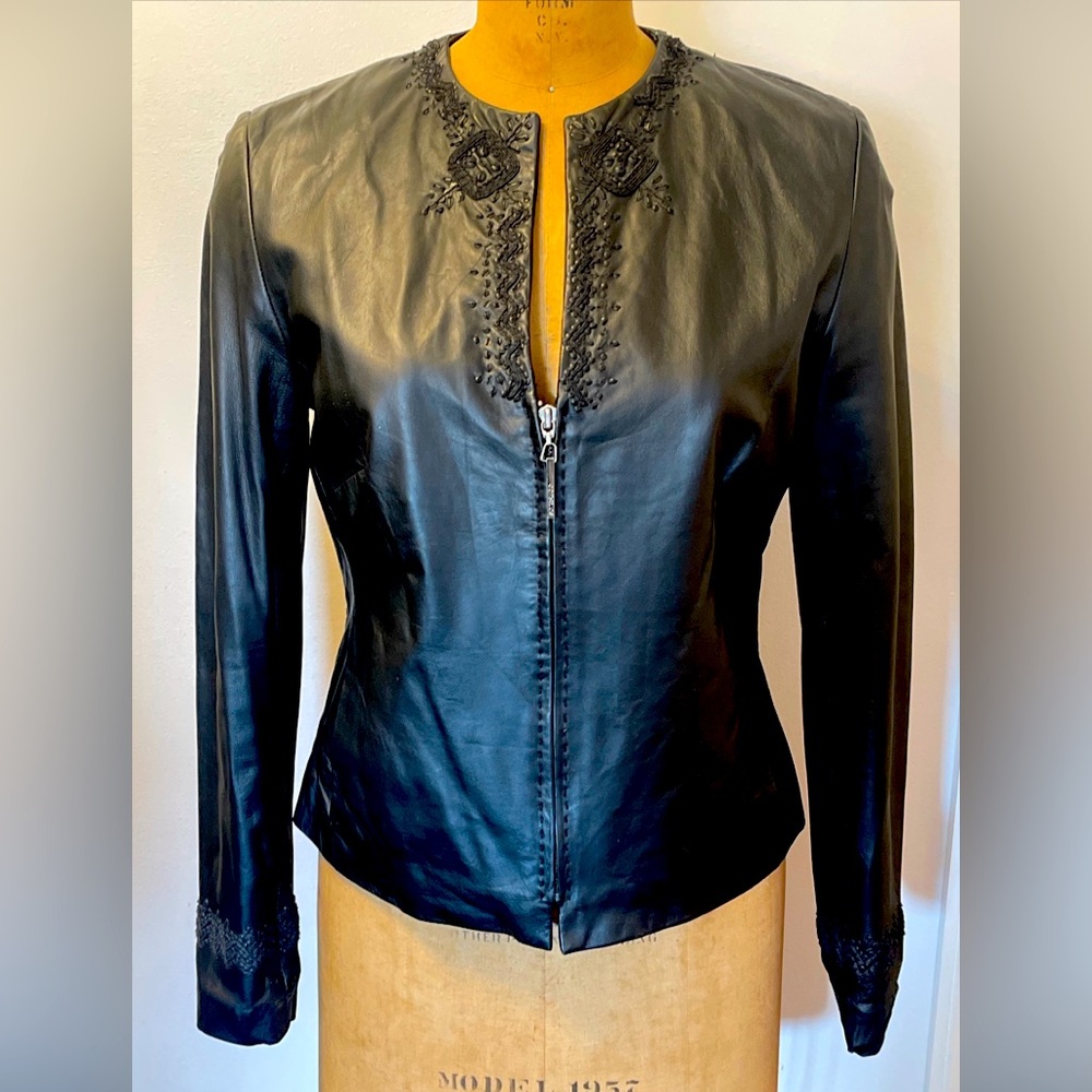 Sienna Studio Womens Embroidered Black Leather Jacket Blazer Zip Front 4 (S)